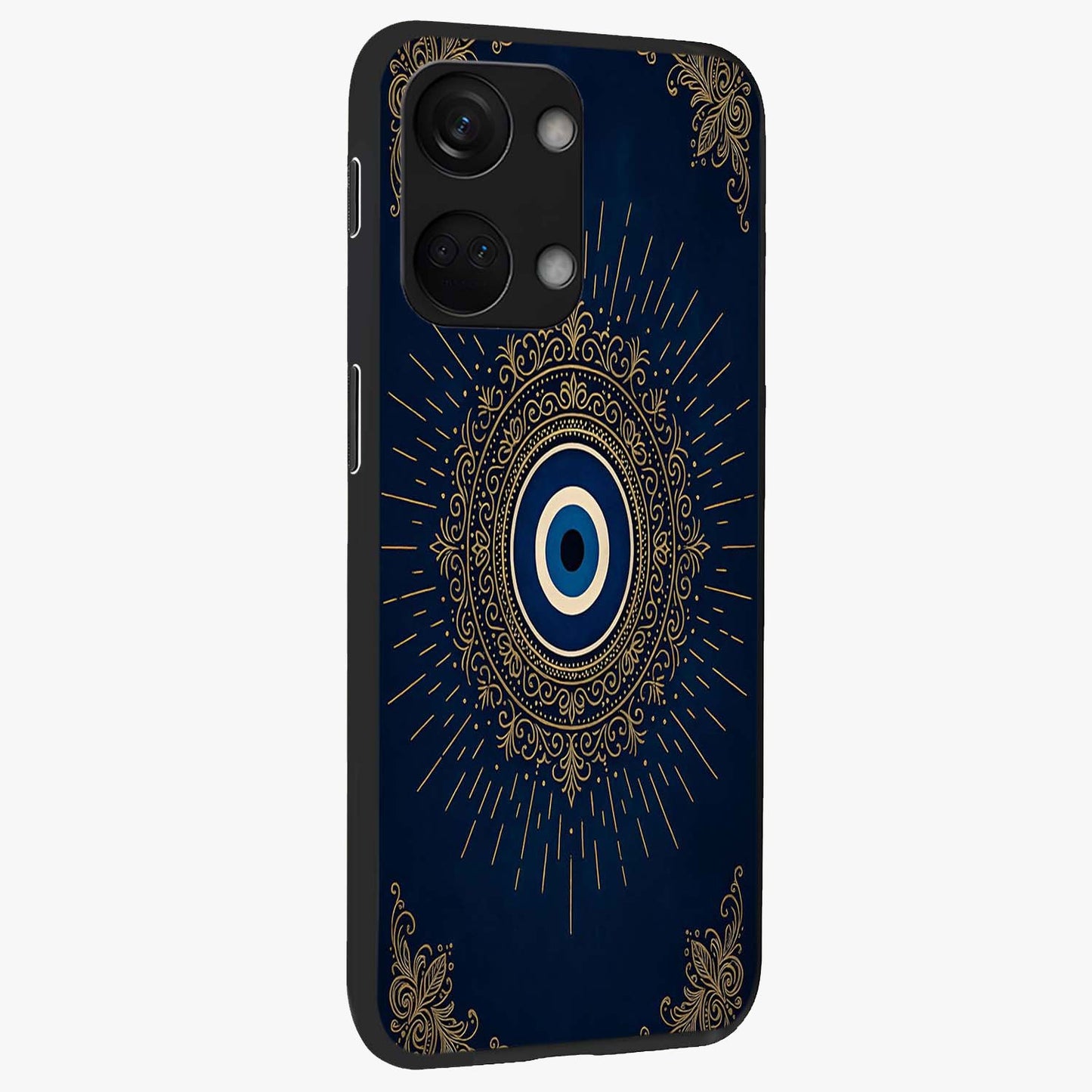 Golden Evil Eye Mandala Glass Case for 1+Nord 3 side perspective highlighting rich textures and sleek premium build
