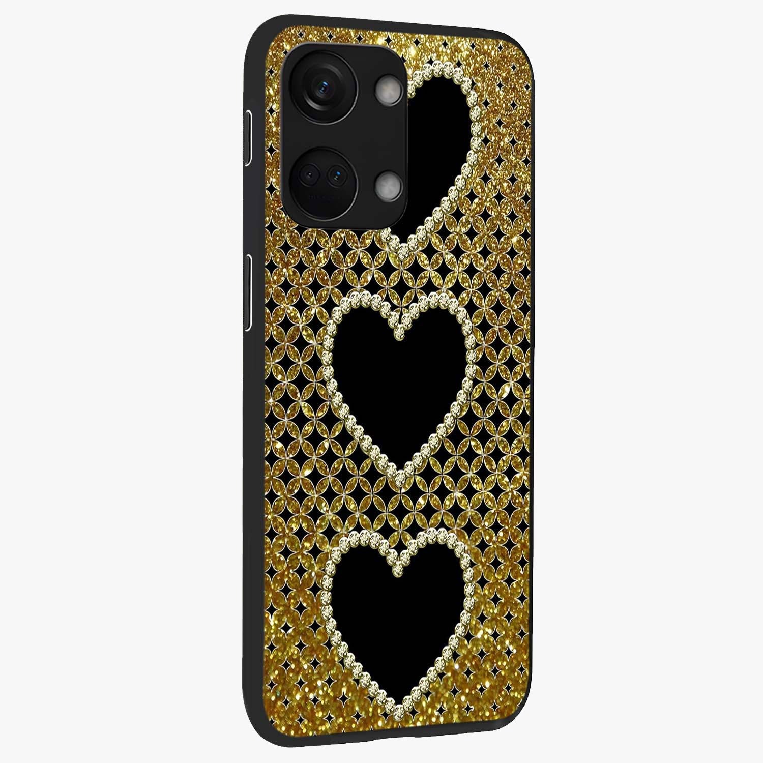 Golden Heart Glow Glass Case for 1+Nord 3 side perspective highlighting smooth heart detailing and premium edges