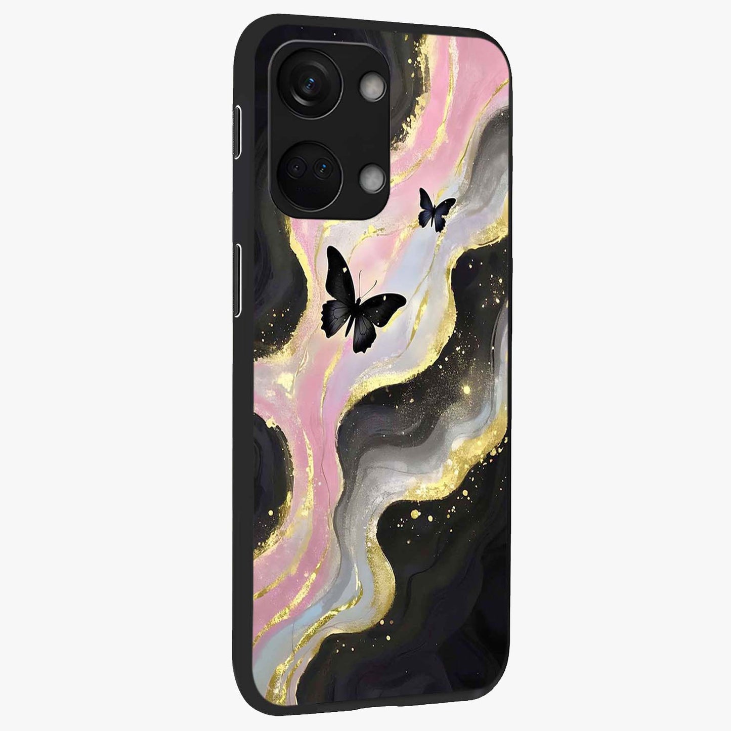 Golden Mist Butterflies Glass Case for 1+Nord 3 side perspective highlighting delicate wing textures and premium edges
