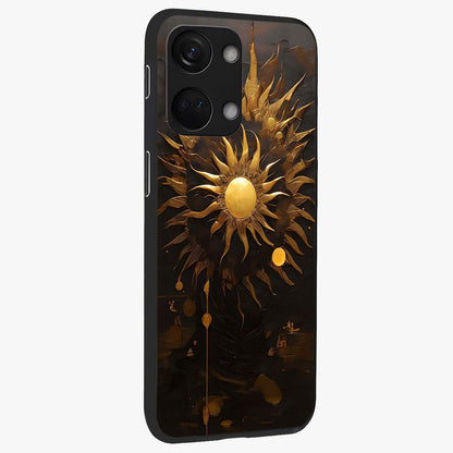 Golden Sun Majesty Glass Case for 1+Nord 3 side perspective highlighting glowing sun detailing and premium edges