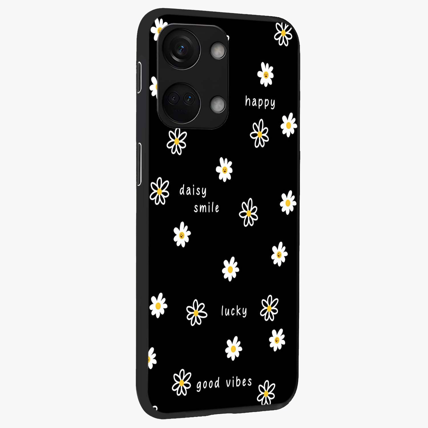 Good Vibes Daisy Black Pattern Glass Case for 1+Nord 3 side perspective highlighting playful daisy detailing and smooth edges