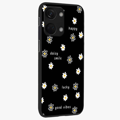 Good Vibes Daisy Black Pattern Glass Case for 1+Nord 3 side perspective highlighting playful daisy detailing and smooth edges