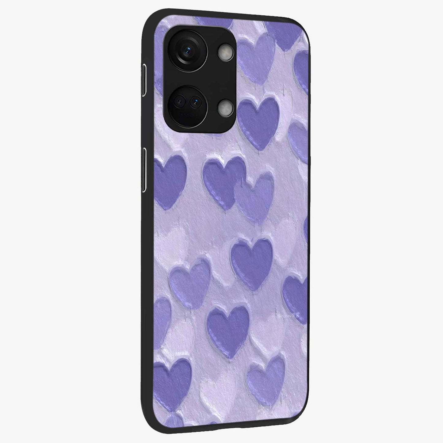 Lavender Paper Hearts Glass Case for 1+Nord 3 side perspective highlighting delicate heart textures and sleek build