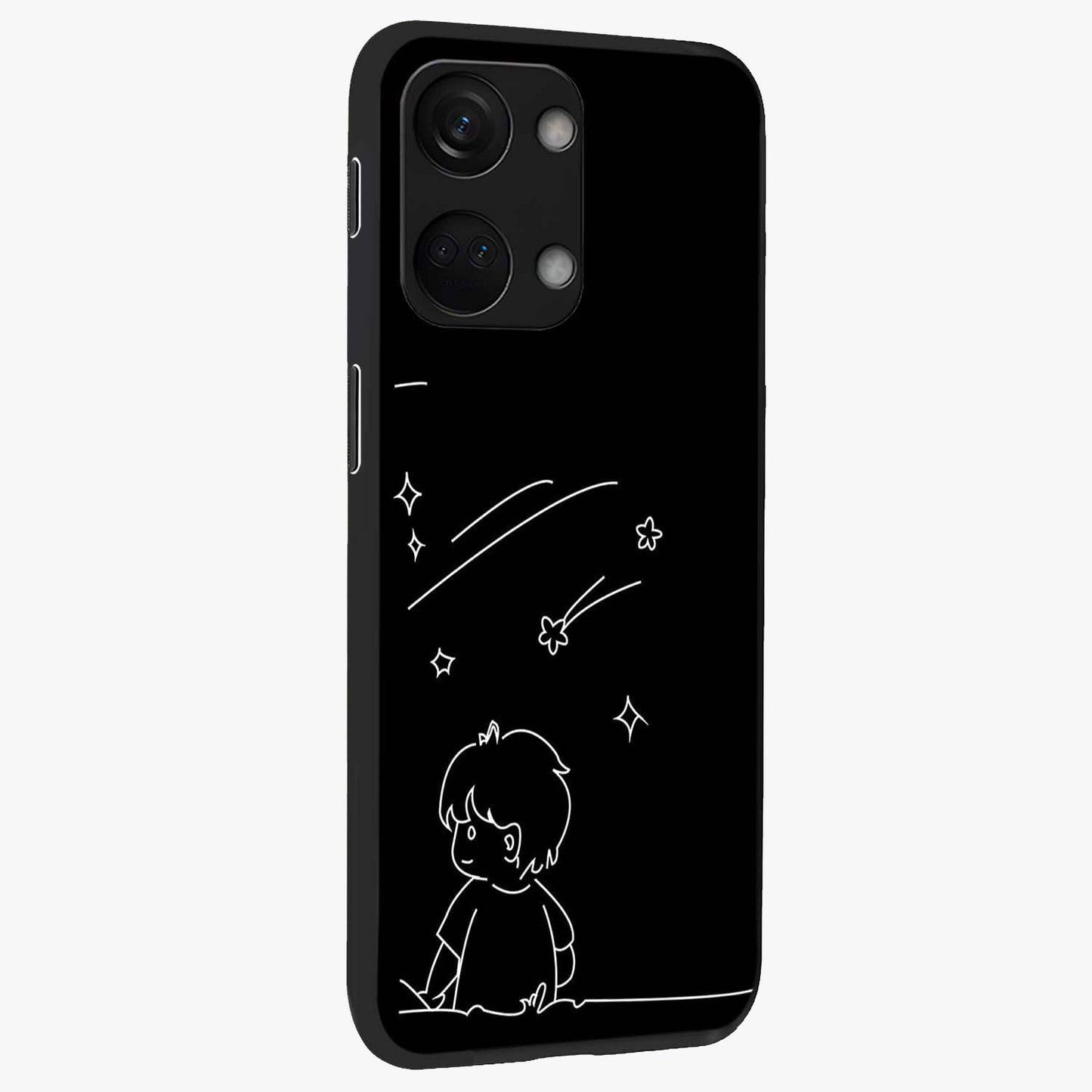 Line Art Boy With Shooting Stars Glass Case for 1+Nord 3 side perspective highlighting delicate line textures and smooth edges