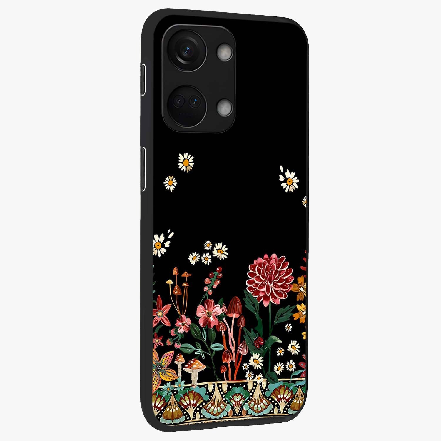 Midnight Bloom Pattern Glass Case for 1+Nord 3 side perspective highlighting intricate floral textures and premium edges