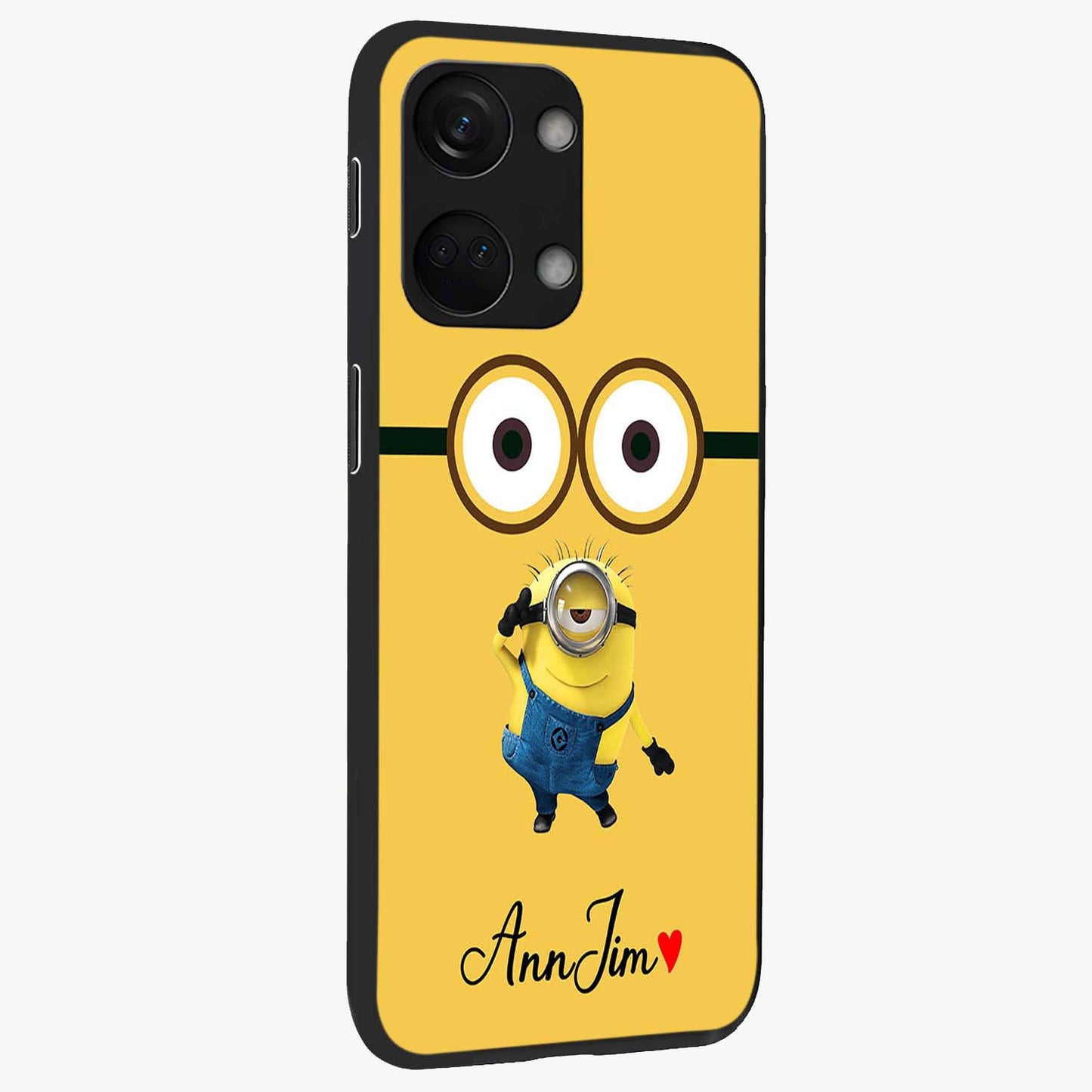 Minion Custom Name Glass Case for 1+Nord 3 side perspective highlighting custom typography and smooth premium build
