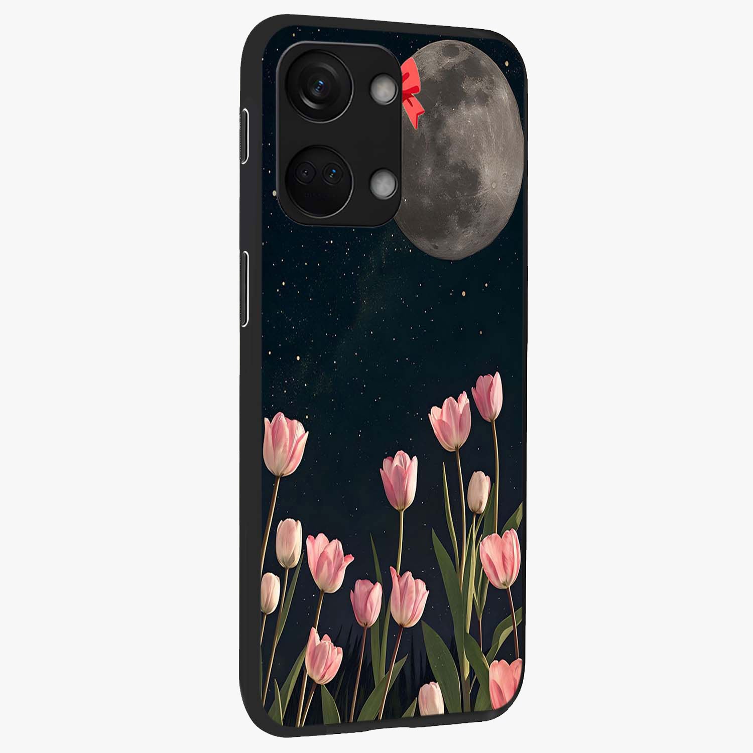 Moonlit Night Tulip Glass Case for 1+Nord 3 side perspective highlighting delicate petal textures and sleek build