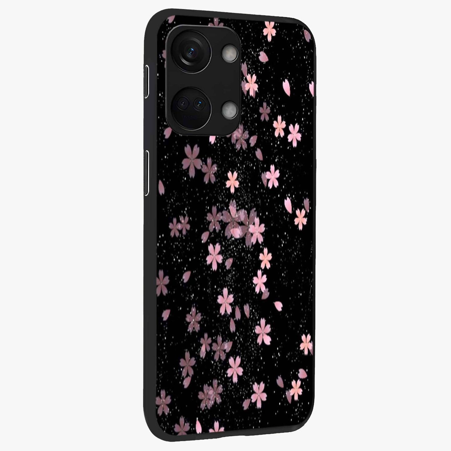 Pink Flower Black Background Glass Case for 1+Nord 3 side perspective highlighting vivid bloom textures and sleek build