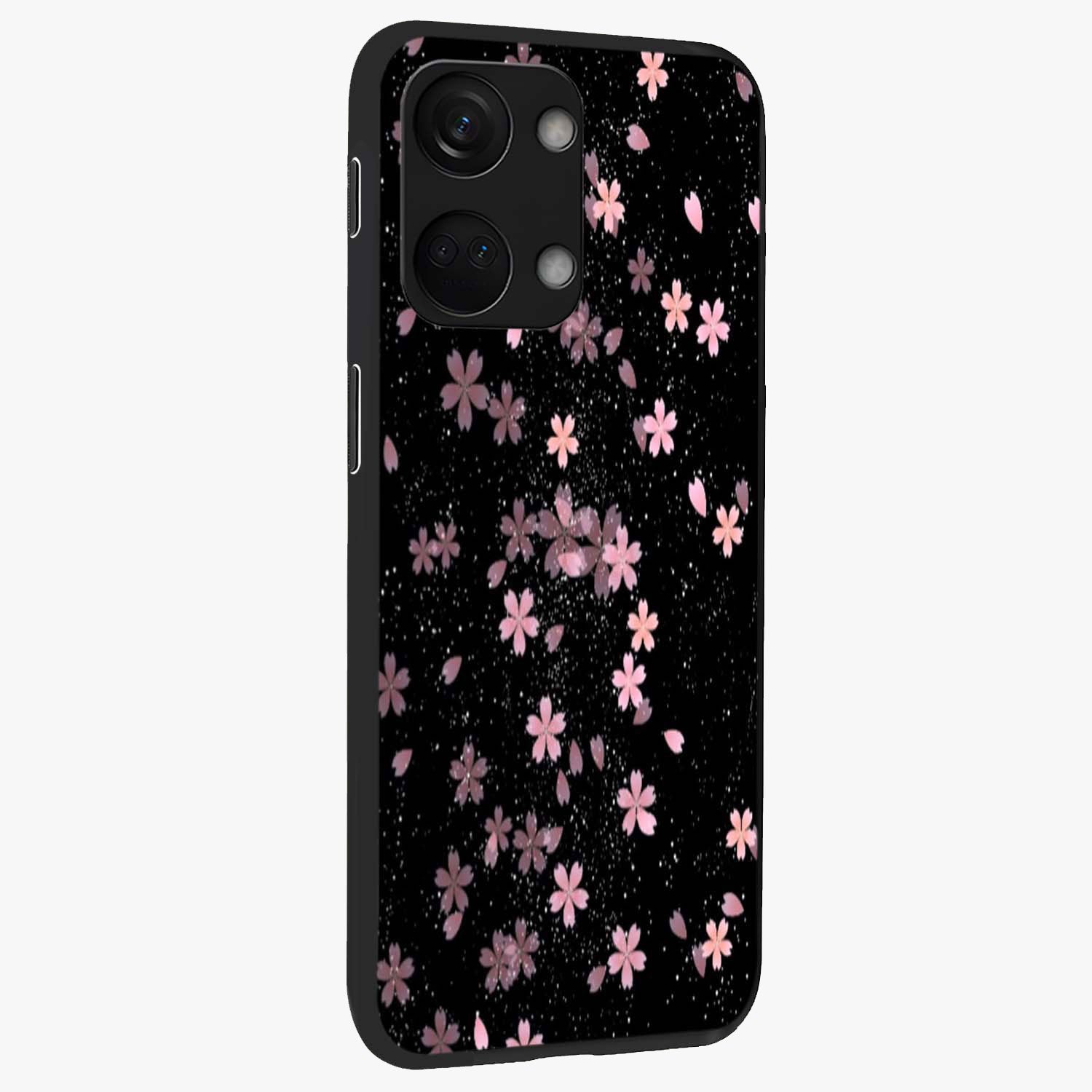 Pink Flower Black Background Glass Case for 1+Nord 3 side perspective highlighting vivid bloom textures and sleek build