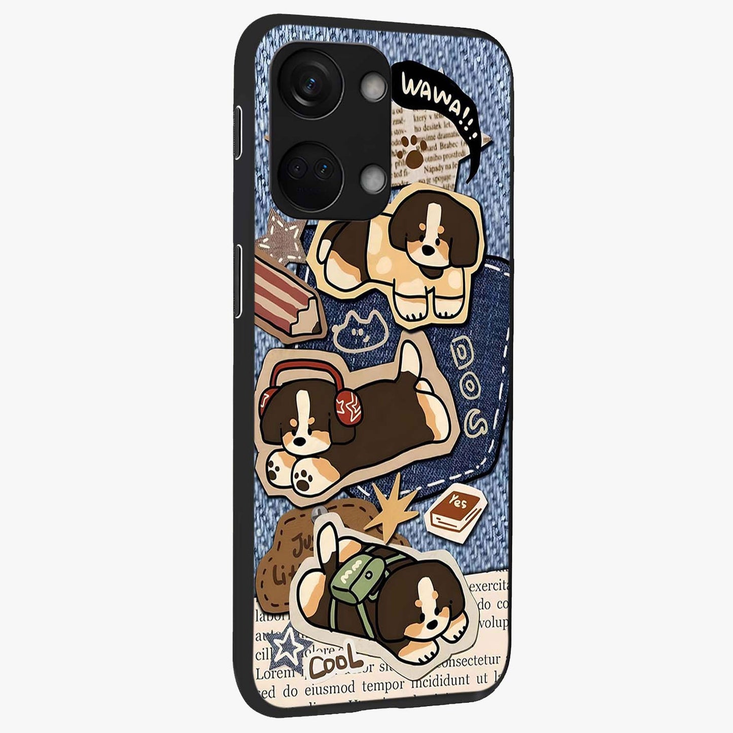 Puppy Sticker Parade Glass Case for 1+Nord 3 side perspective highlighting fun sticker textures and premium edges