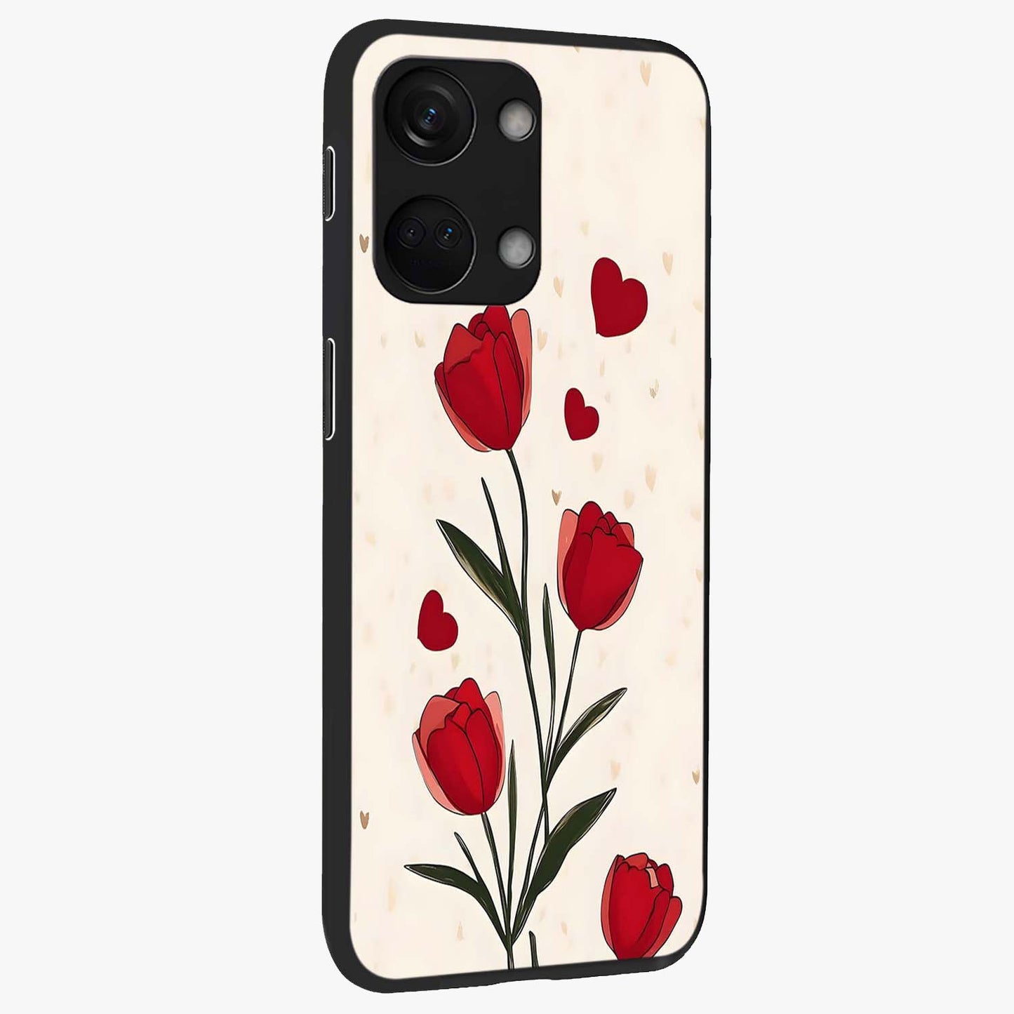 Romantic Tulip Hearts Glass Case for 1+Nord 3 side perspective highlighting delicate bloom textures and premium edges