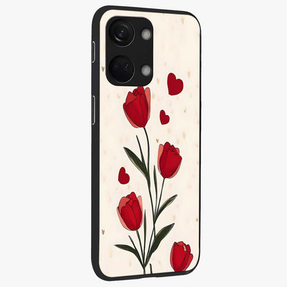 Romantic Tulip Hearts Glass Case for 1+Nord 3 side perspective highlighting delicate bloom textures and premium edges