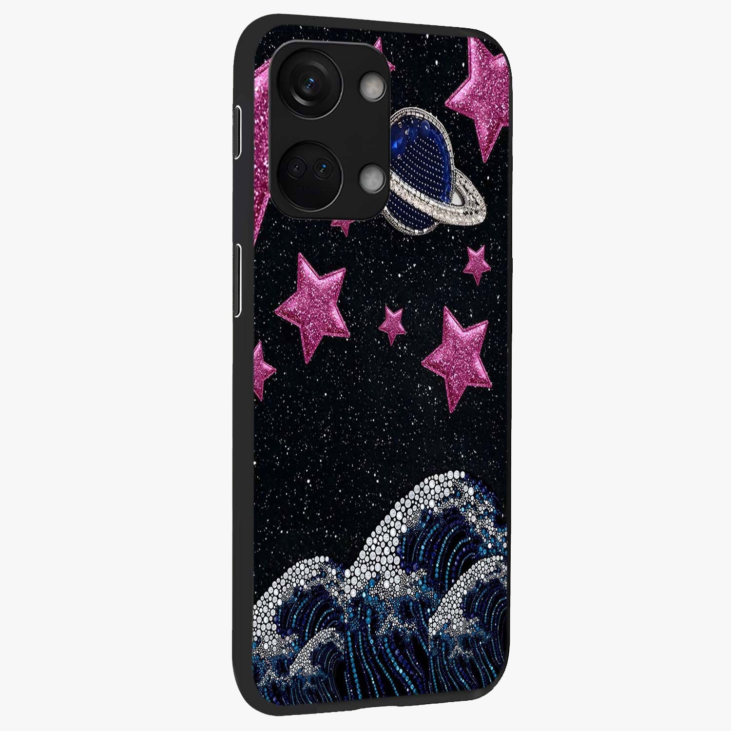 Saturn Pink Storm Glass Case for 1+Nord 3 side perspective highlighting planetary textures and premium edges