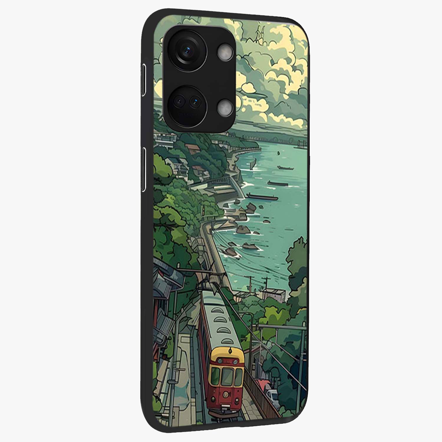 Seaside Train Ride Glass Case for 1+Nord 3 side perspective highlighting detailed scenery textures and premium edges