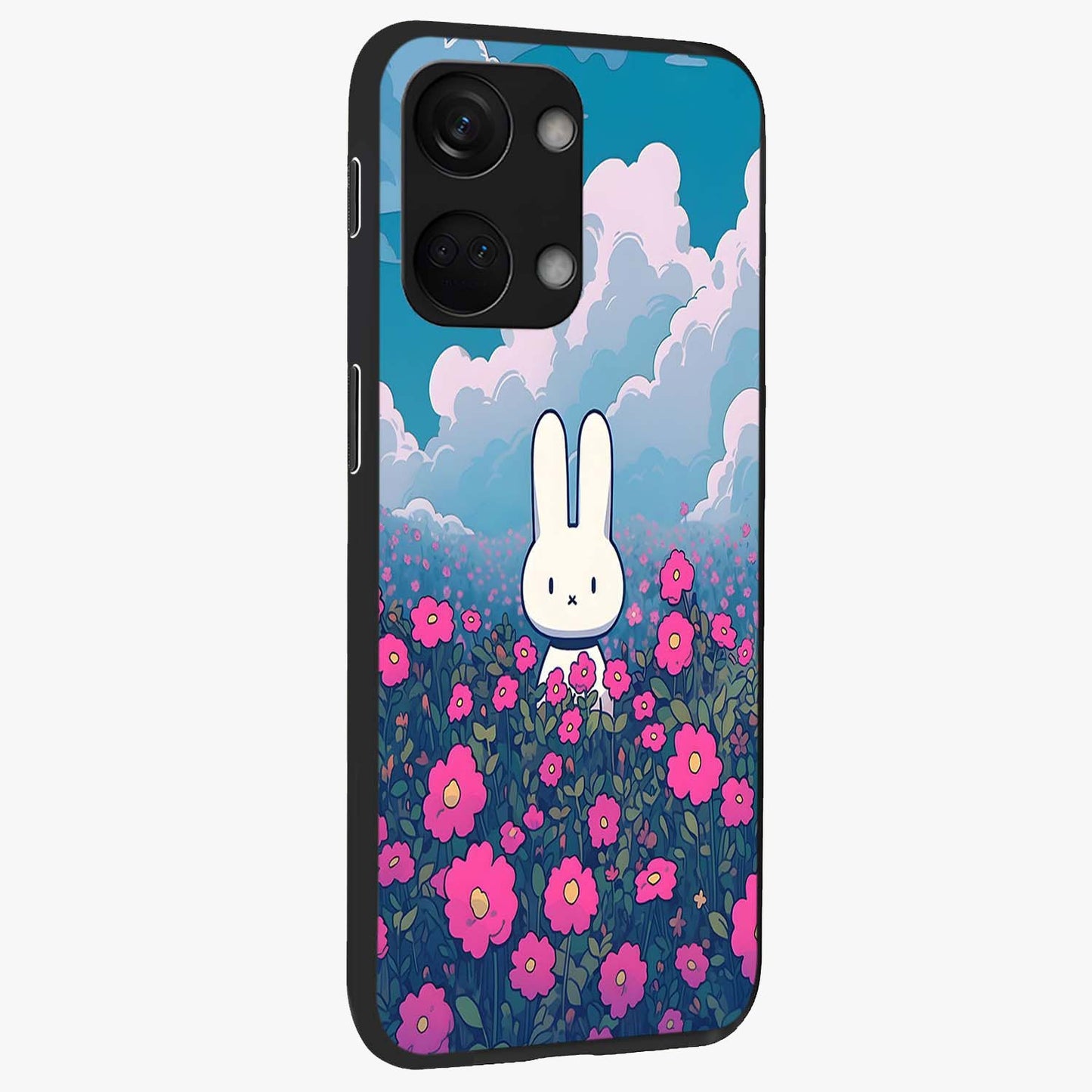 Springtime Blossom Bunny Glass Case for 1+Nord 3 side perspective highlighting charming illustration textures and premium edges