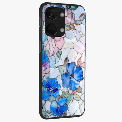 Stained Blue Floral Glass Case for 1+Nord 3 side perspective highlighting intricate bloom textures and premium edges