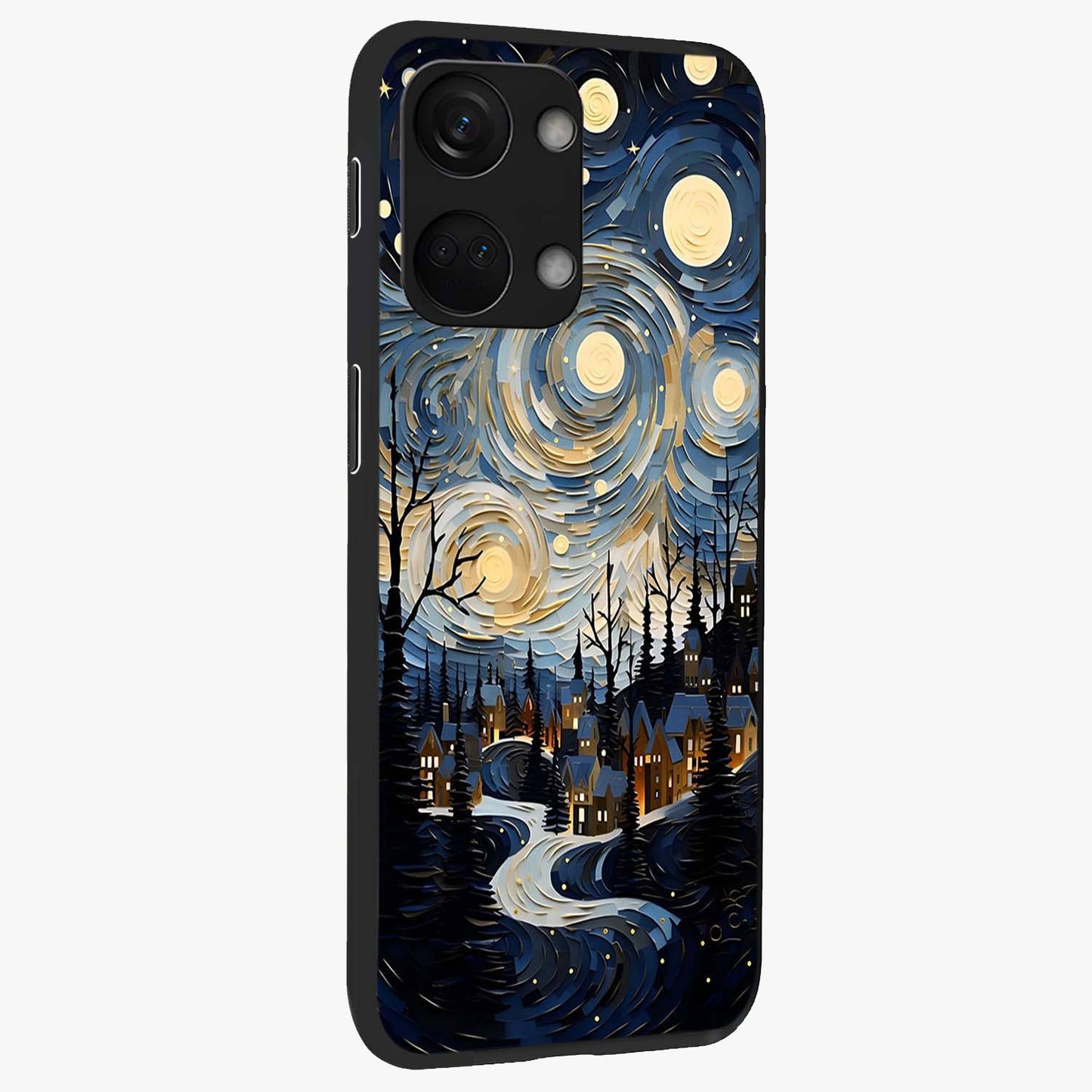 Starry Winter Town Glass Case for 1+Nord 3 side perspective highlighting serene landscape textures and premium edges