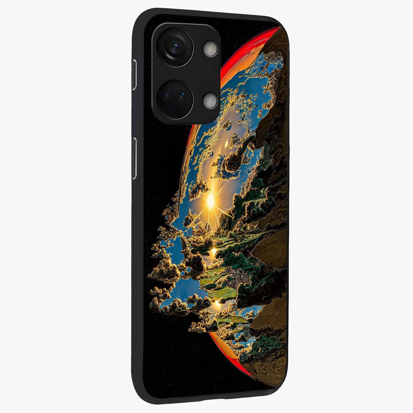 Sunrise Bursting Glass Case for 1+Nord 3 side perspective highlighting glowing sky textures and premium edges