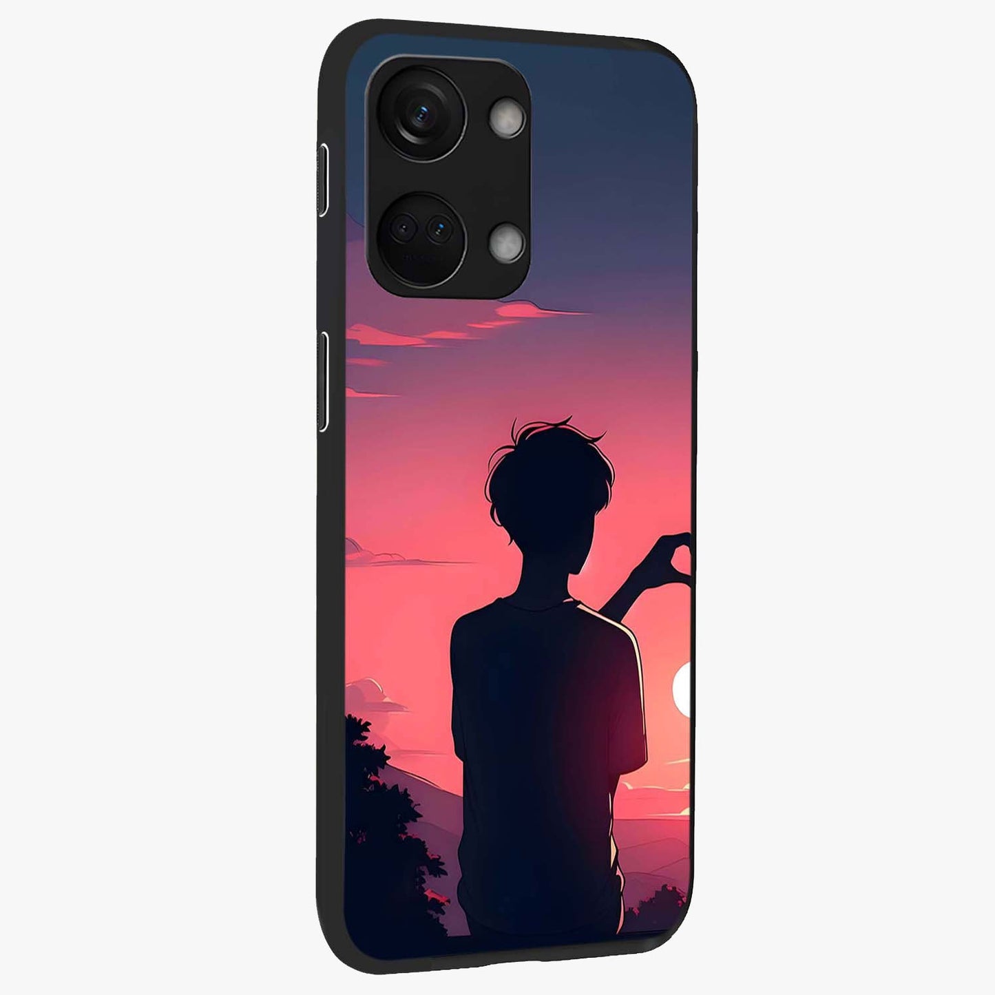 Sunset Silhouette Girl Glass Case for 1+Nord 3 side perspective highlighting soft scenic textures and sleek premium build