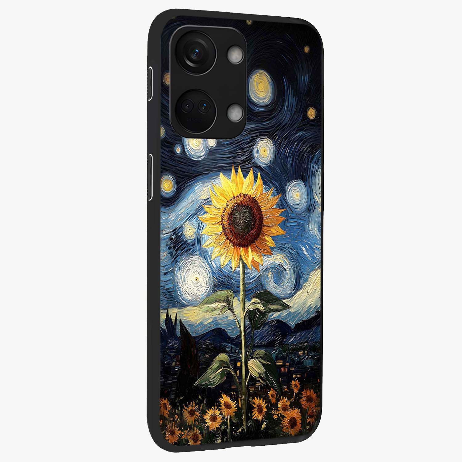 Van Gogh Sunflower Glass Case for 1+Nord 3 side perspective highlighting textured brushstroke details and premium edges