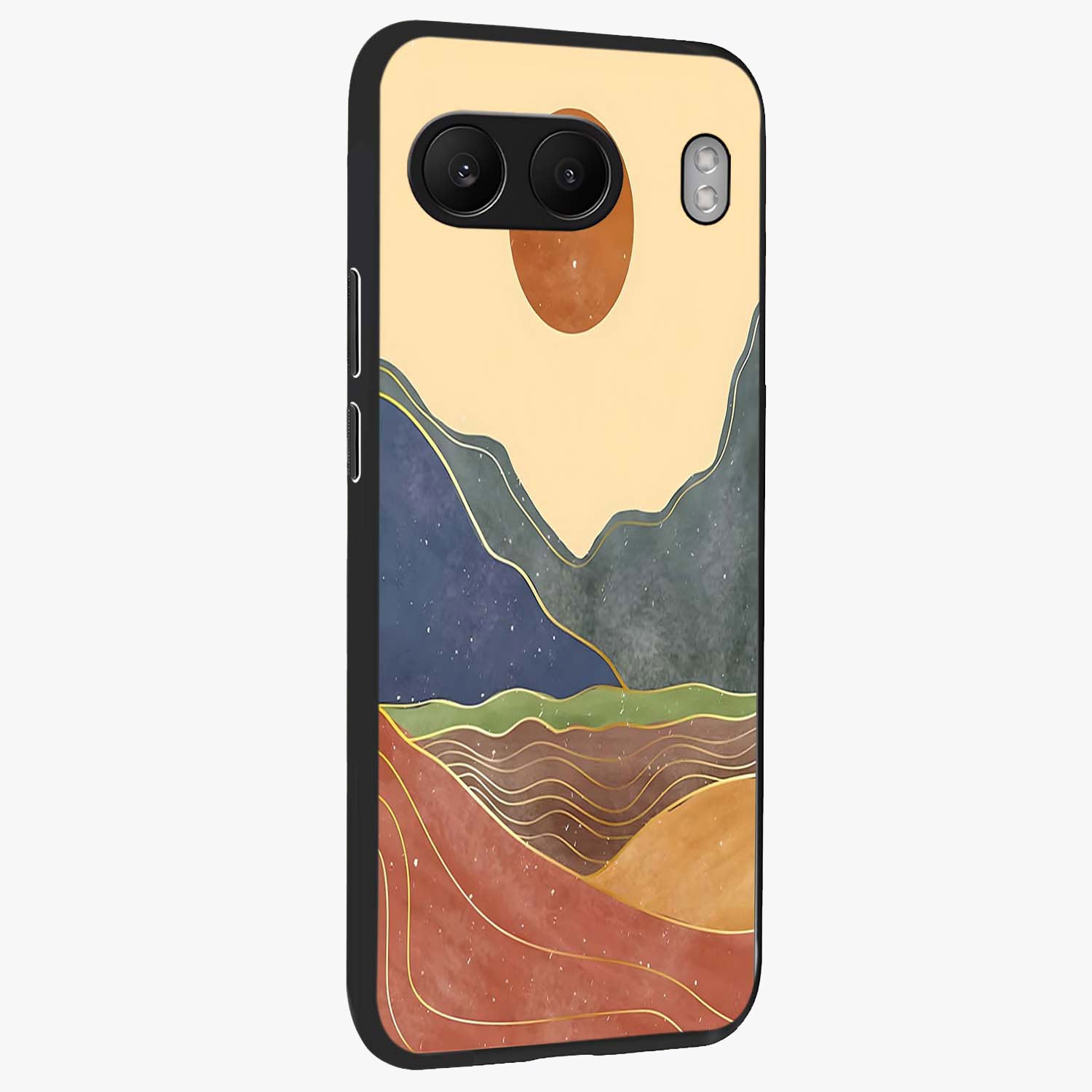 Abstract Mountain Glow Glass Case for 1+Nord 4 side perspective highlighting luminous mountain design details
