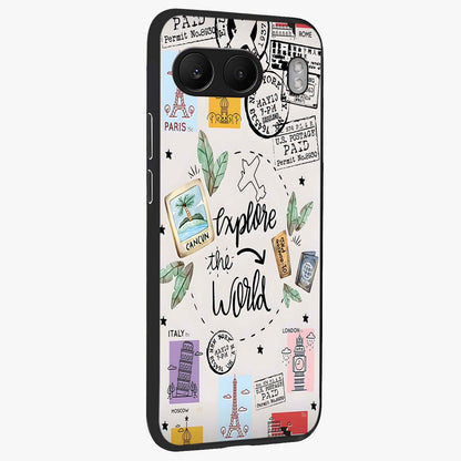 Adventure Awaits Art Glass Case for 1+Nord 4 side perspective highlighting motivational travel graphic details
