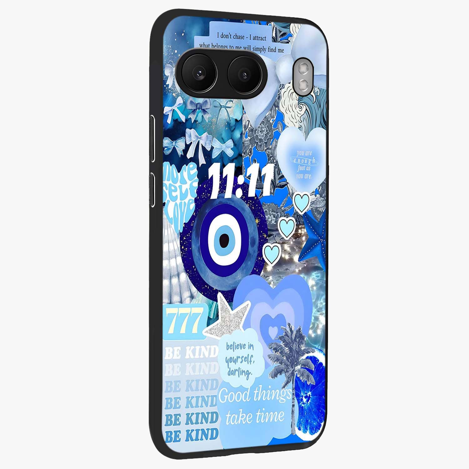 Aesthetic Be Kind Eye Glass Case for 1+Nord 4 side perspective highlighting artistic eye graphic details