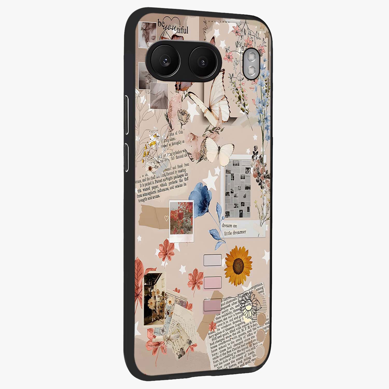 Aesthetic Butterfly Glass Case for 1+Nord 4 side perspective highlighting premium edges and butterfly illustration