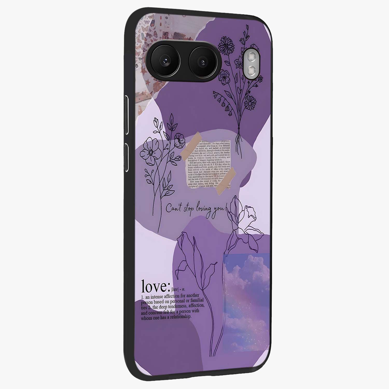 Aesthetic Love With Flower Glass Case for 1+Nord 4 side perspective highlighting delicate flower illustration details