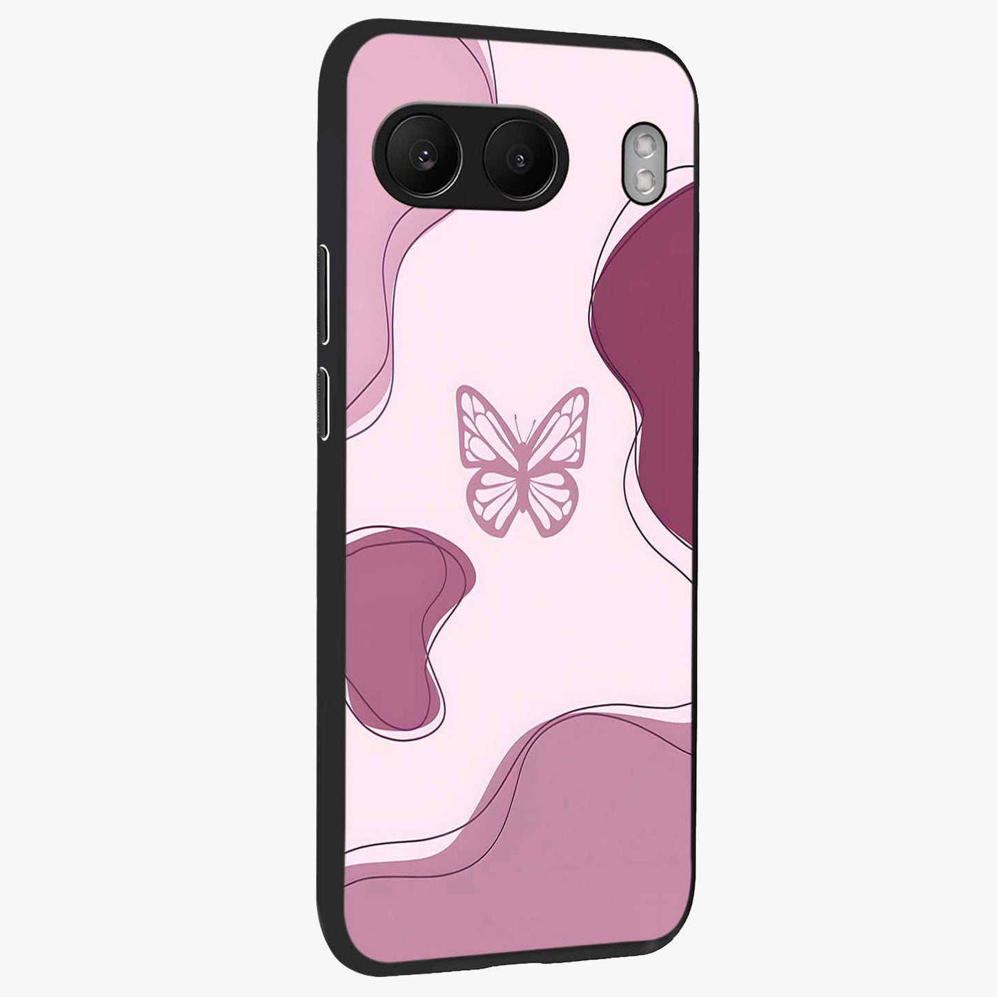Aesthetic Pinkish Custom Name Butterfly Glass Case for 1+Nord 4 side perspective highlighting premium edges and butterfly detailing
