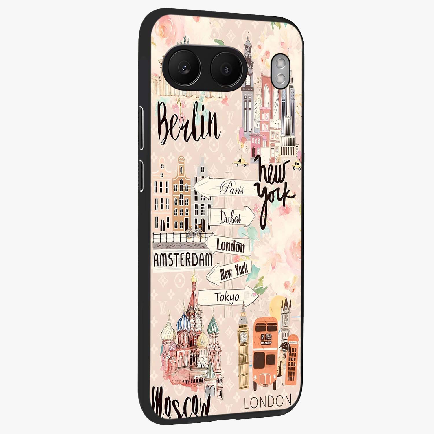 Aesthetic Travel Glass Case for 1+Nord 4 side perspective highlighting bold travel graphic details