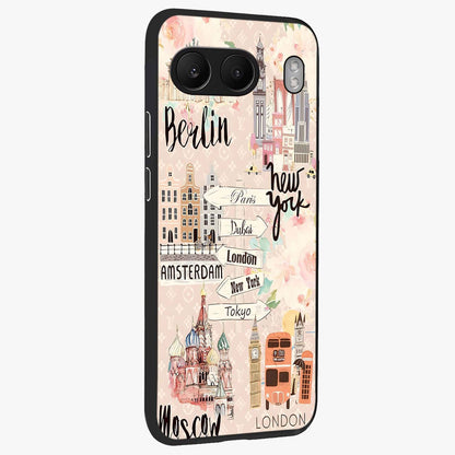 Aesthetic Travel Glass Case for 1+Nord 4 side perspective highlighting bold travel graphic details
