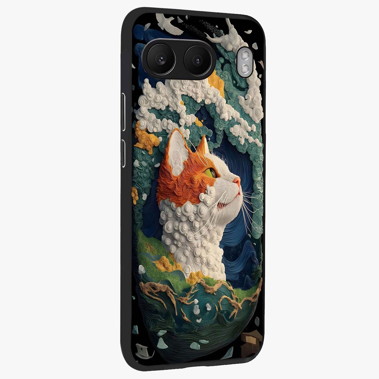 Aurora Cat Dreams Glass Case for 1+Nord 4 side perspective highlighting detailed feline illustration and smooth edges
