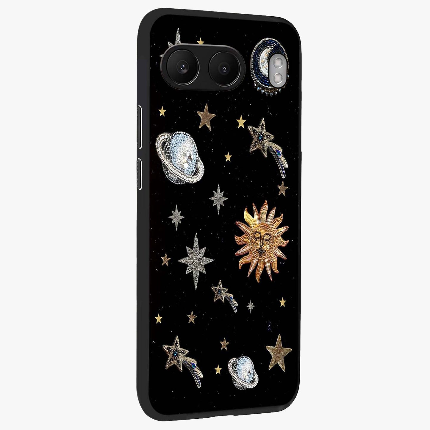 Beaded Cosmic Dreams Glass Case for 1+Nord 4 side perspective highlighting intricate beaded cosmic textures