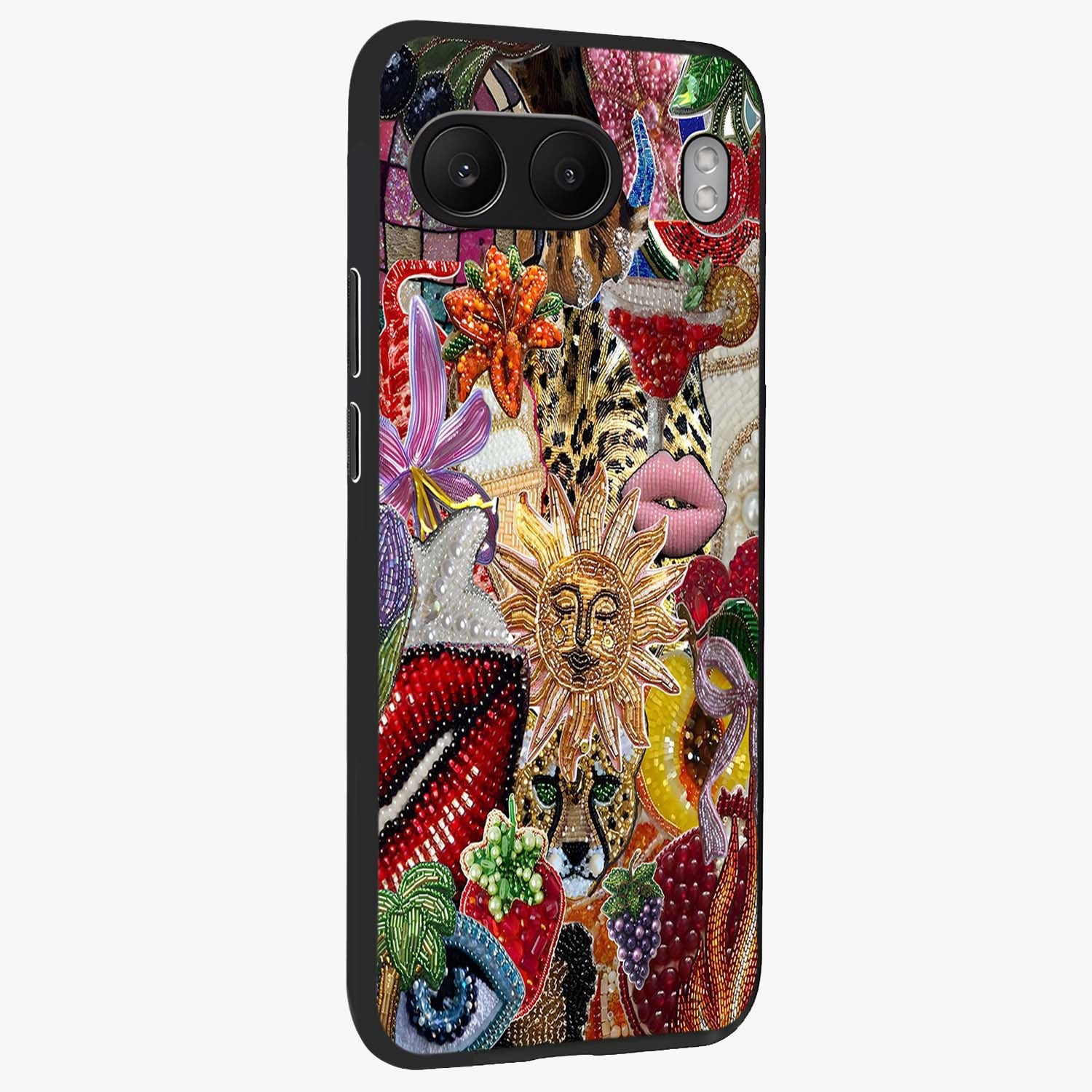 Beaded Fashion Jungle Glass Case for 1+Nord 4 side perspective highlighting rich bead detailing and premium edges