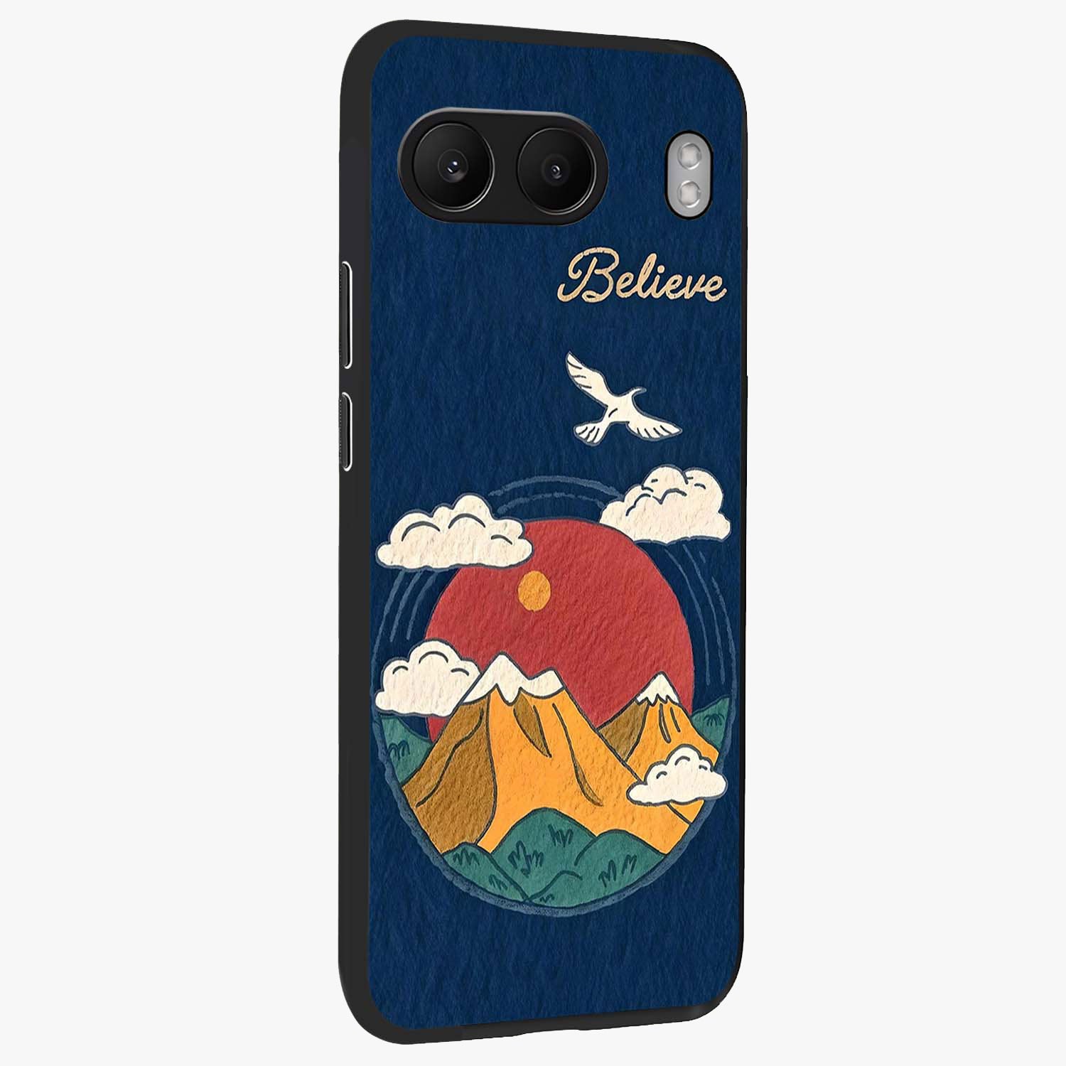 Believe Sky Escape Glass Case for 1+Nord 4 side perspective highlighting motivational typography and smooth edges