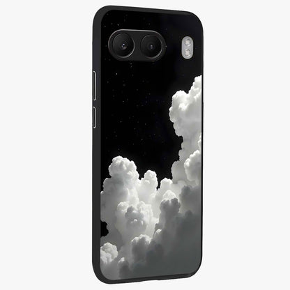 Black Background With White Cloud Glass Case for 1+Nord 4 side perspective highlighting smooth edges and minimalist sky theme