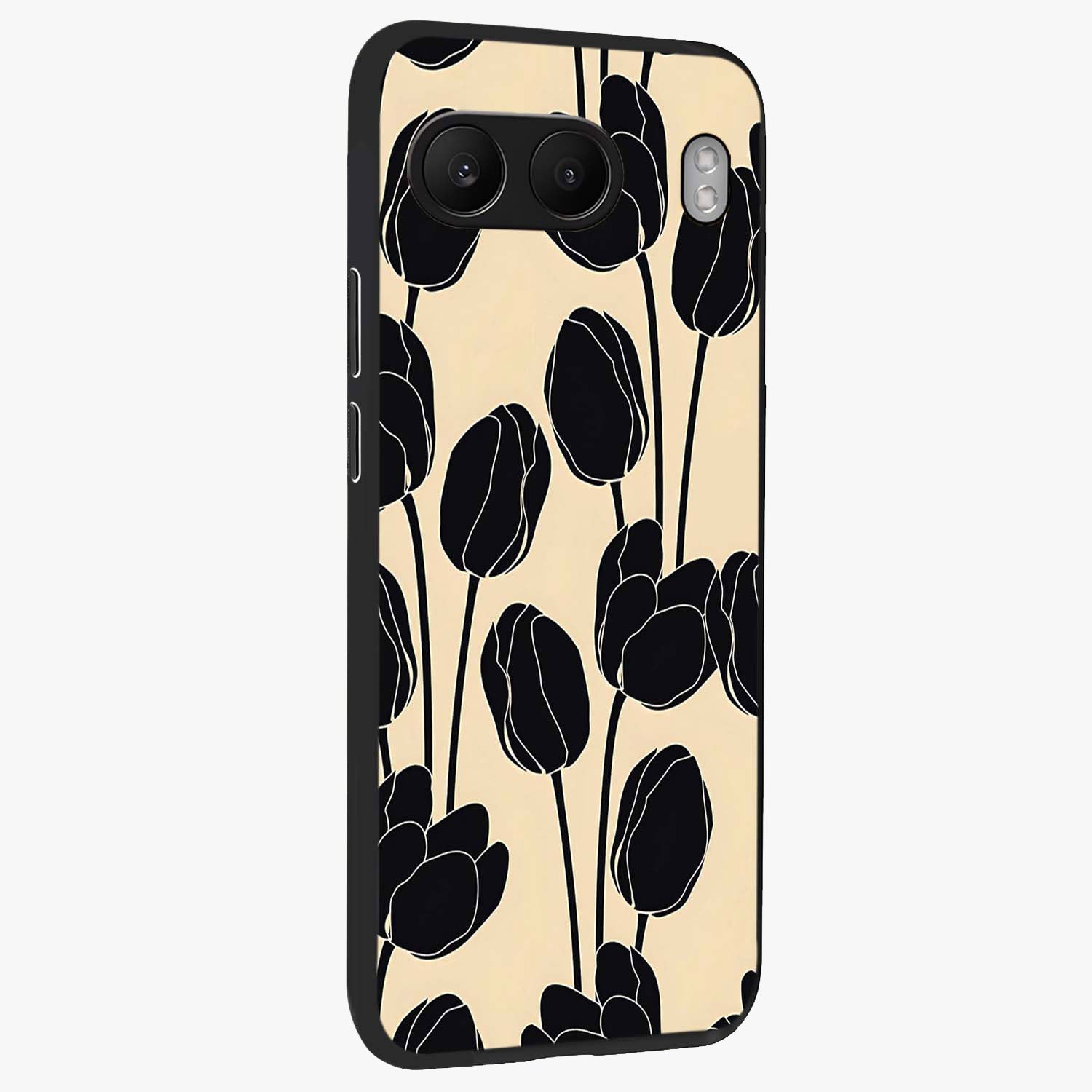 Black Designer Tulip Glass Case for 1+Nord 4 side perspective highlighting bold contrast and stylish tulip illustration