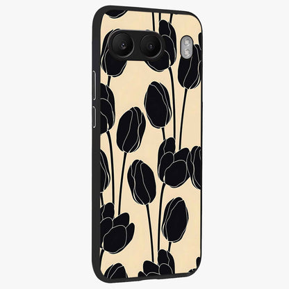 Black Designer Tulip Glass Case for 1+Nord 4 side perspective highlighting bold contrast and stylish tulip illustration