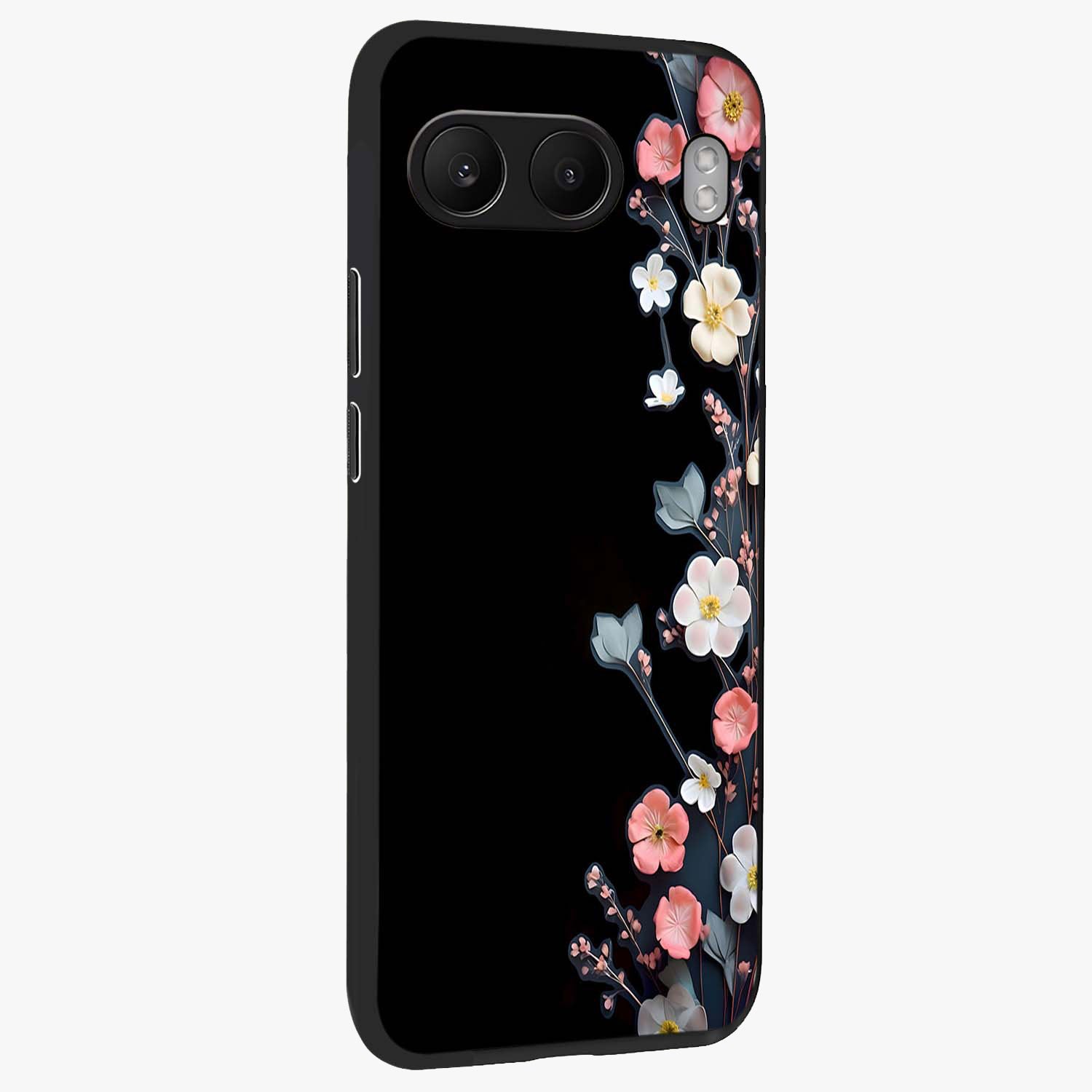 Black Elegance Floral Custom Name Glass Case for 1+Nord 4 side perspective highlighting elegant floral detailing and premium edges