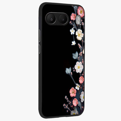 Black Elegance Floral Custom Name Glass Case for 1+Nord 4 side perspective highlighting elegant floral detailing and premium edges