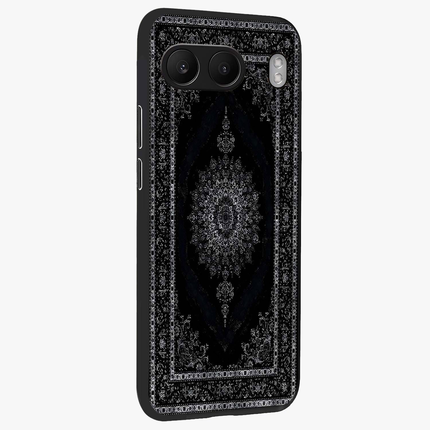 Black Persian Carpet Glass Case for 1+Nord 4 side perspective highlighting classic pattern textures and premium build