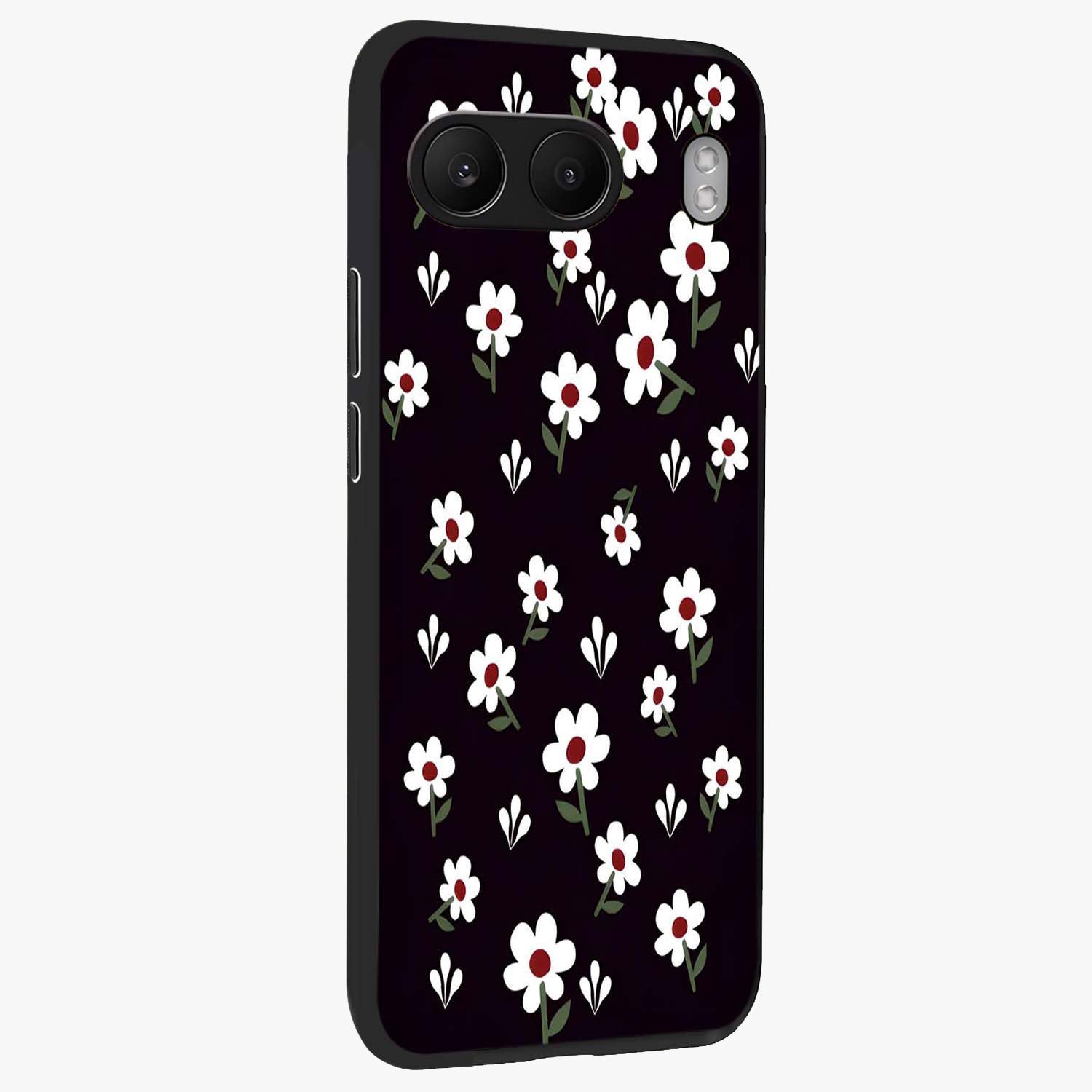 Black Prints Daisy Flower Pattern Glass Case for 1+Nord 4 side perspective highlighting delicate daisy details and smooth edges
