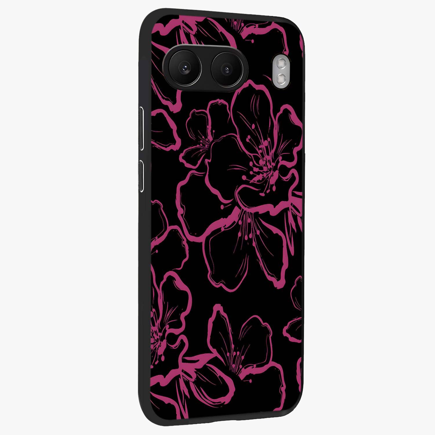 Black Violet Sketch Garden Glass Case for 1+Nord 4 side perspective highlighting elegant sketch detailing and premium finish