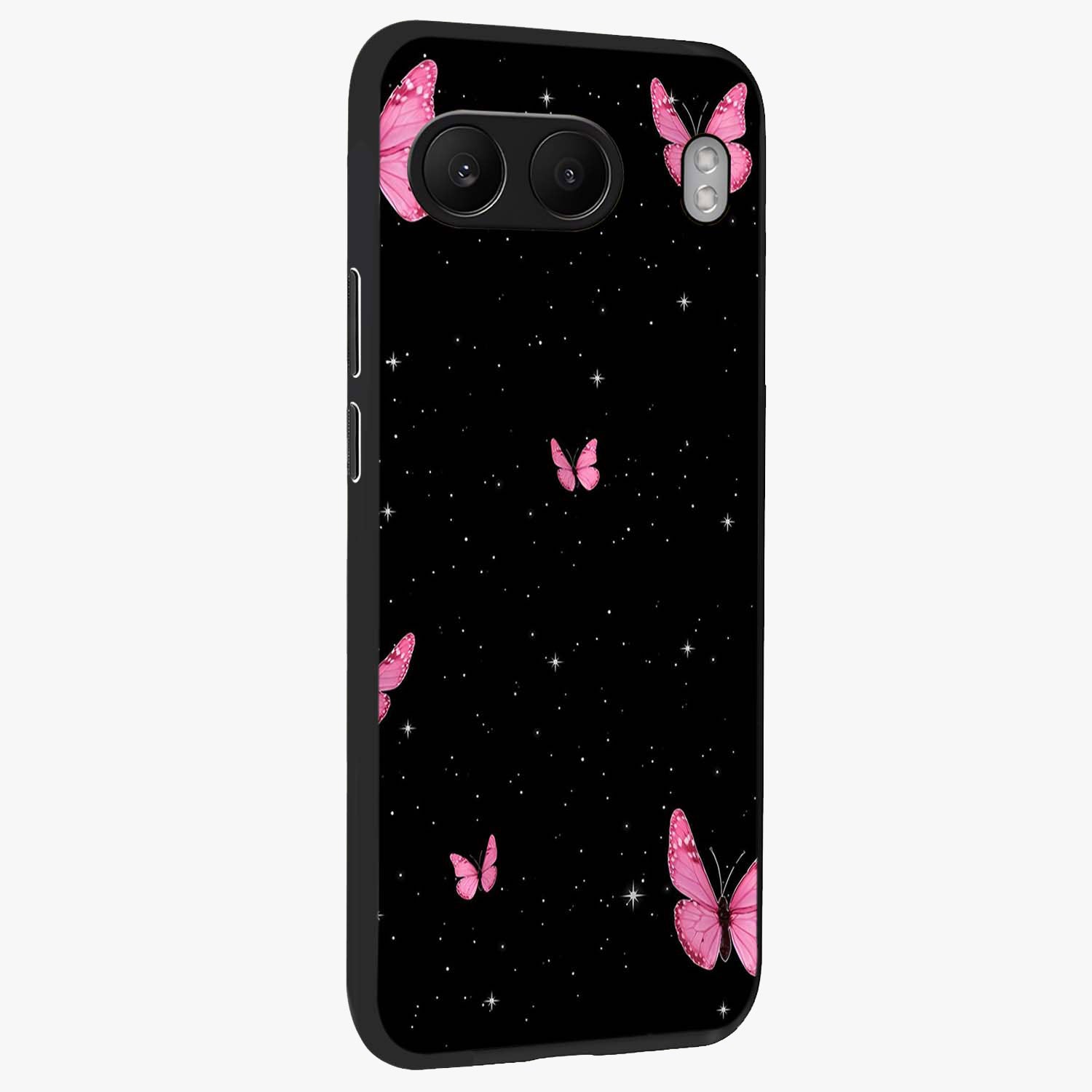 Blinking Butterfly Glass Case for 1+Nord 4 displayed upright for graceful aesthetic visibility and premium finish.