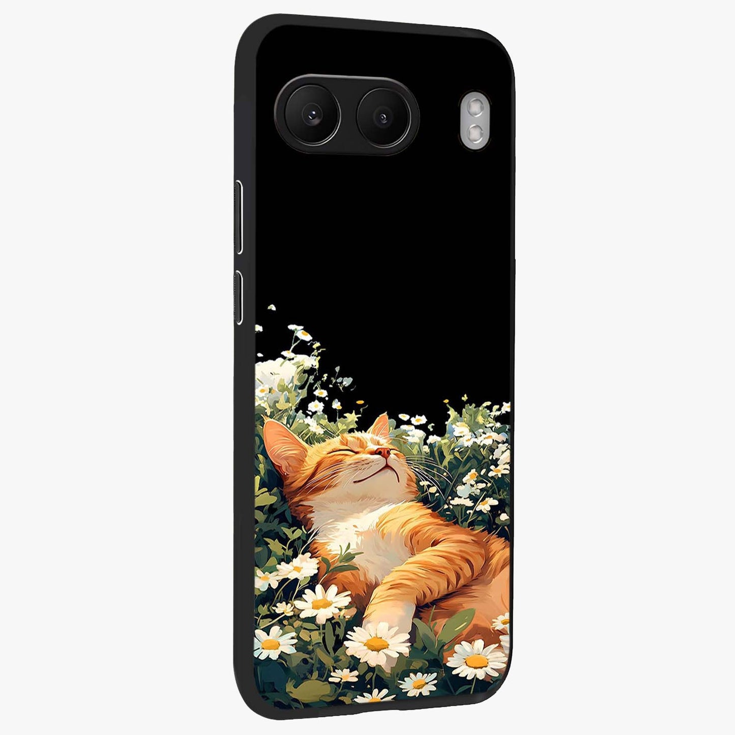 Blissful Bloom Cat Glass Case for 1+Nord 4 side perspective highlighting cute feline illustration and premium edges