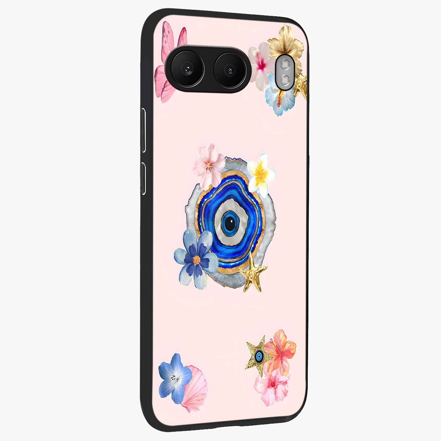 Blossom Evil Charm Glass Case for 1+Nord 4 side perspective highlighting delicate blossom detailing and bold symbol contrast