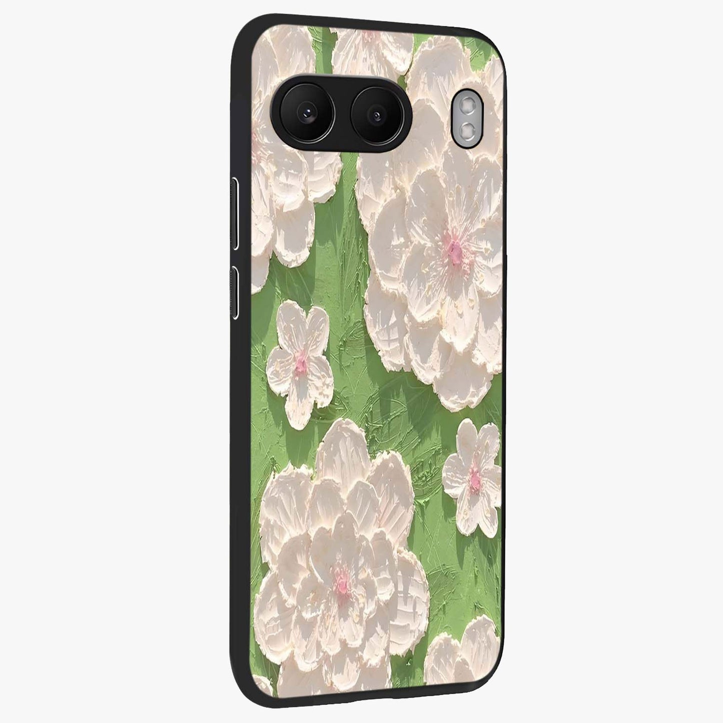Blossom Meadow Dreams Glass Case for 1+Nord 4 side perspective highlighting serene floral design and smooth edges