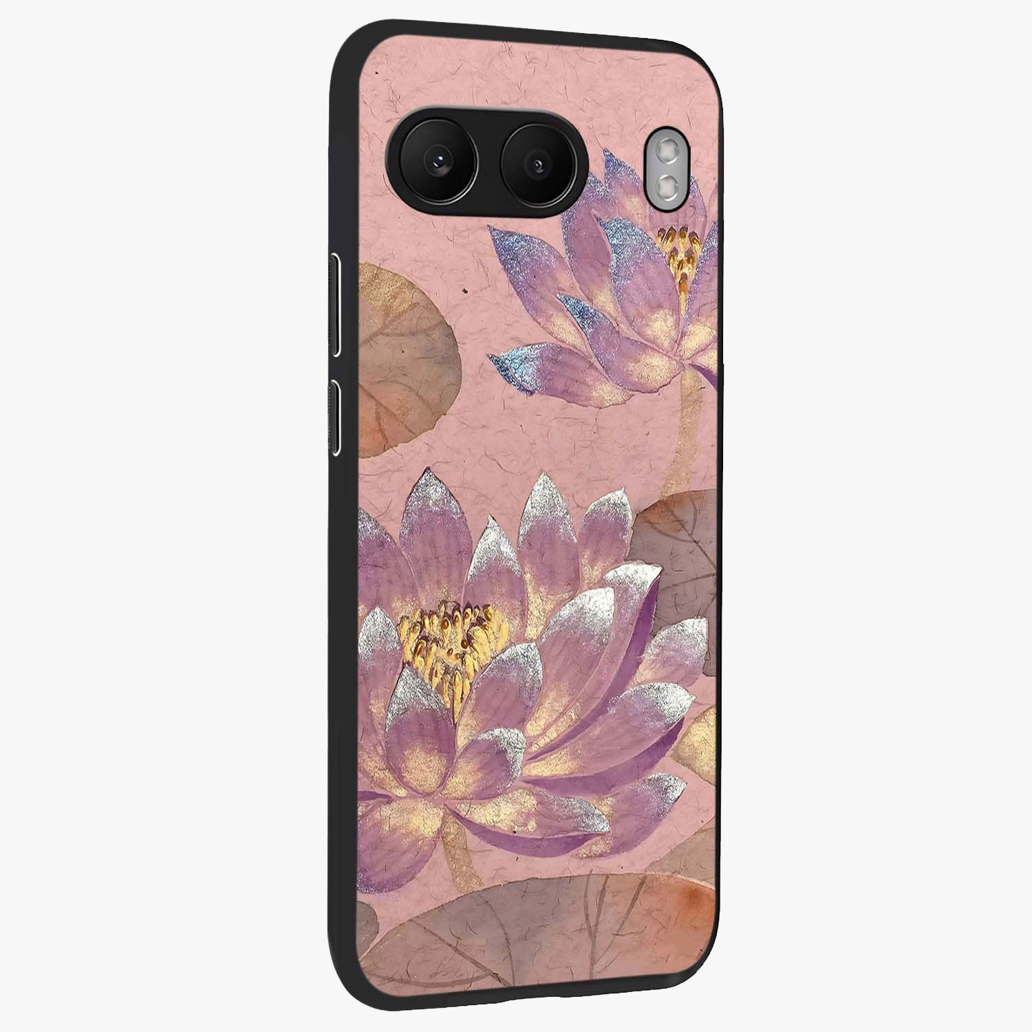 Blossom Mist Lotus Glass Case for 1+Nord 4 side perspective highlighting elegant lotus illustration and premium build