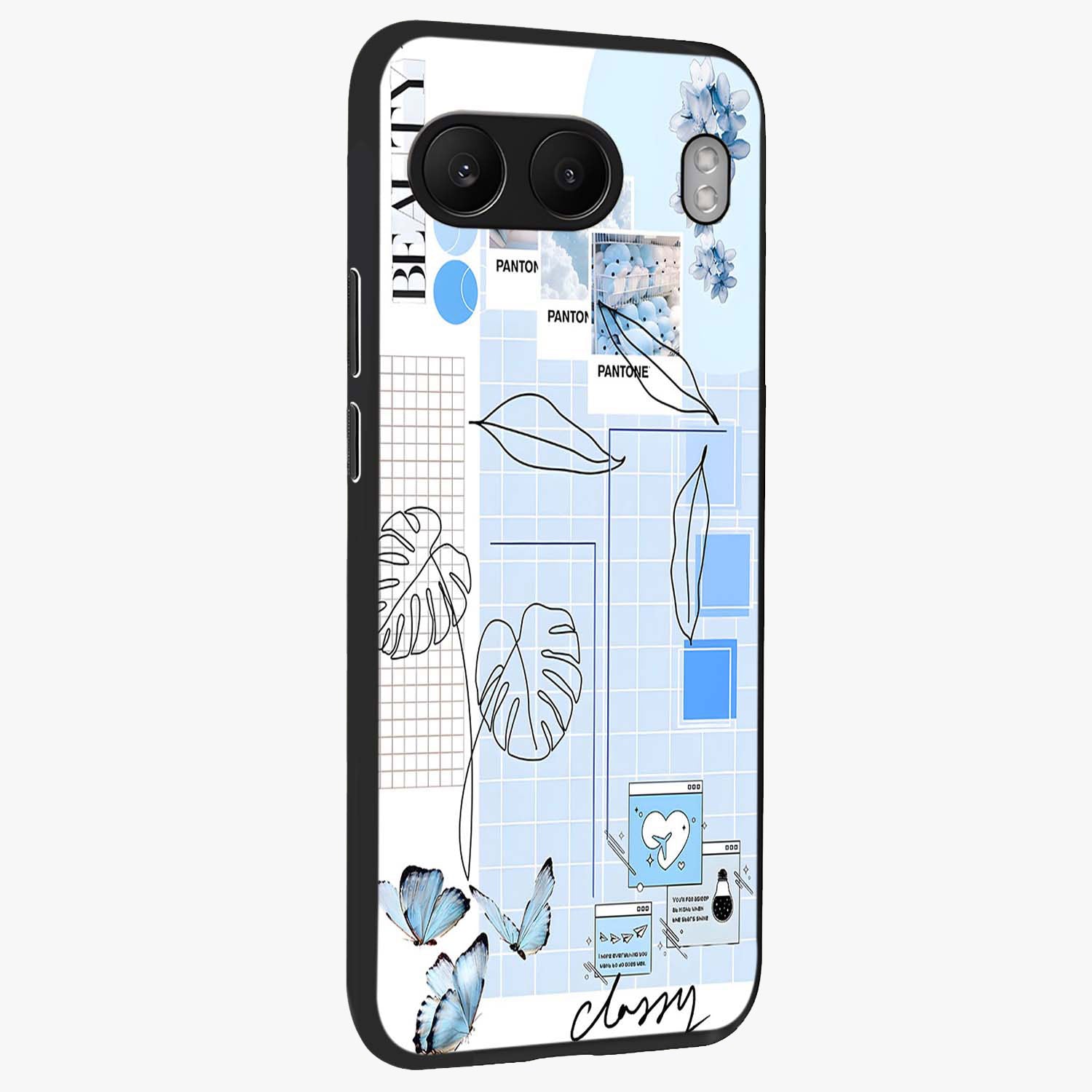 Blue Aesthetic Flower Glass Case for 1+Nord 4 side perspective highlighting calming blue tones and premium detailing